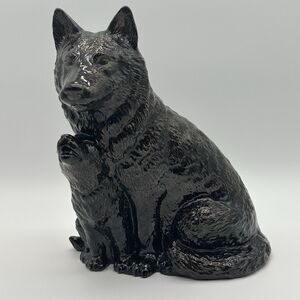 Vintage Glazed Ceramic Wolf And Pup Artisan Sculpture Brown 11” Tall 1994